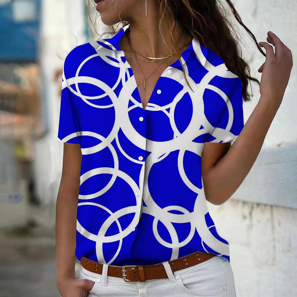 2025 Summer New Fashion Women's Geometry Printed Short Sleeve V-neck Casual Button-down Shirt Top