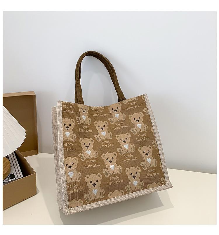 

Льняная сумка-тоут с медведем женская для выхода, повседневная, портативная, 2025, студенческая сумка через плечо хаки