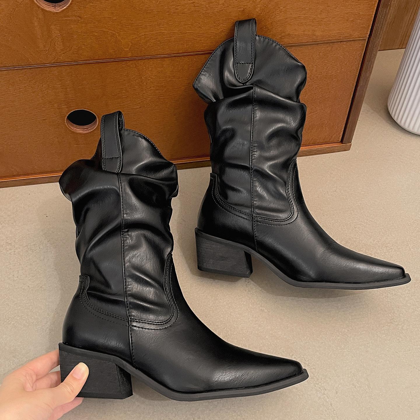 

Black pointed thick heel heightening western cowboy boots women s 2025 new autumn retro thin pile short boots 35 чёрный
