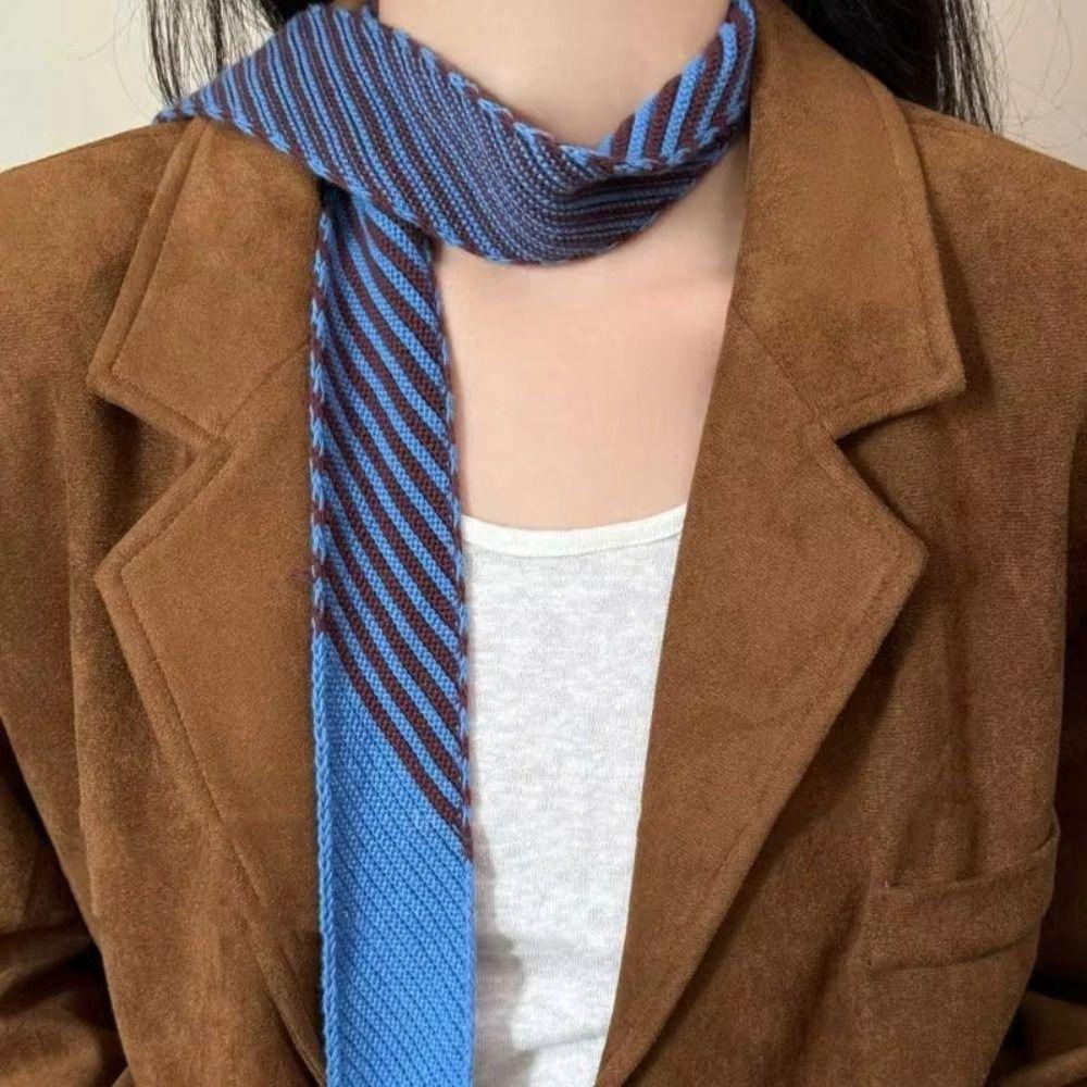 Color Blocking Knitted Narrow Scarf Warm Y2K Thin Scarf Korean Casual Scarf Spring Summer