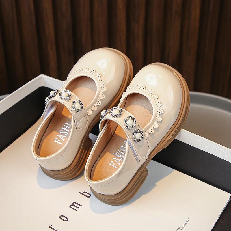Girls Round Toe Kids Leather Shoes 2024 Spring and Autumn New Lace Pearls Shiny Loafers Children Pearls Lace Fashion Casual Shoe