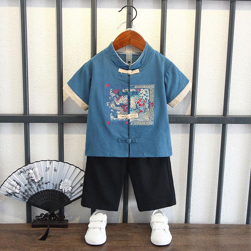 Completo Estivo da Ragazzo a Maniche Corte Stile Cinese per Bambini Hanbok Bello Completo Tang Cotone Lino Sezione Sottile di Abbigliamento Antico