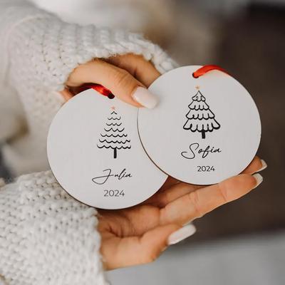 Personalized 5Pcs Christmas Tree Wood Ornament Minimalist Tree Baubles Winter Wedding Favors Keepsake Home Hanging Decoration