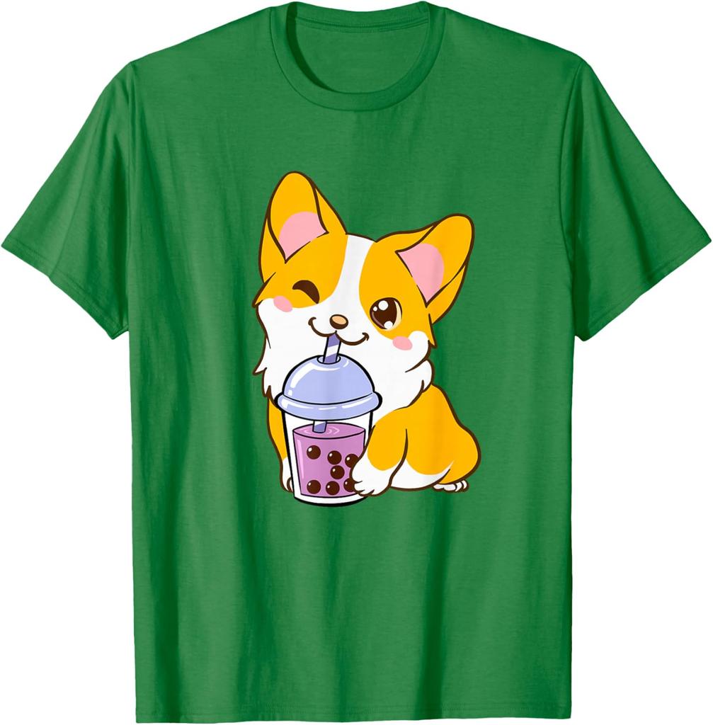 Kawaii Corgi Drinking Boba Tea Cute Dog Lover Graphic Tee Casual Short Sleeve T-Shirt