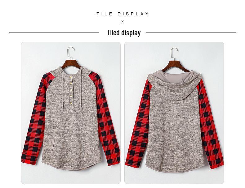 Shiying Plaid Color Block Waffle Sweatshirt - Women's Casual Autumn/Winter Button Top