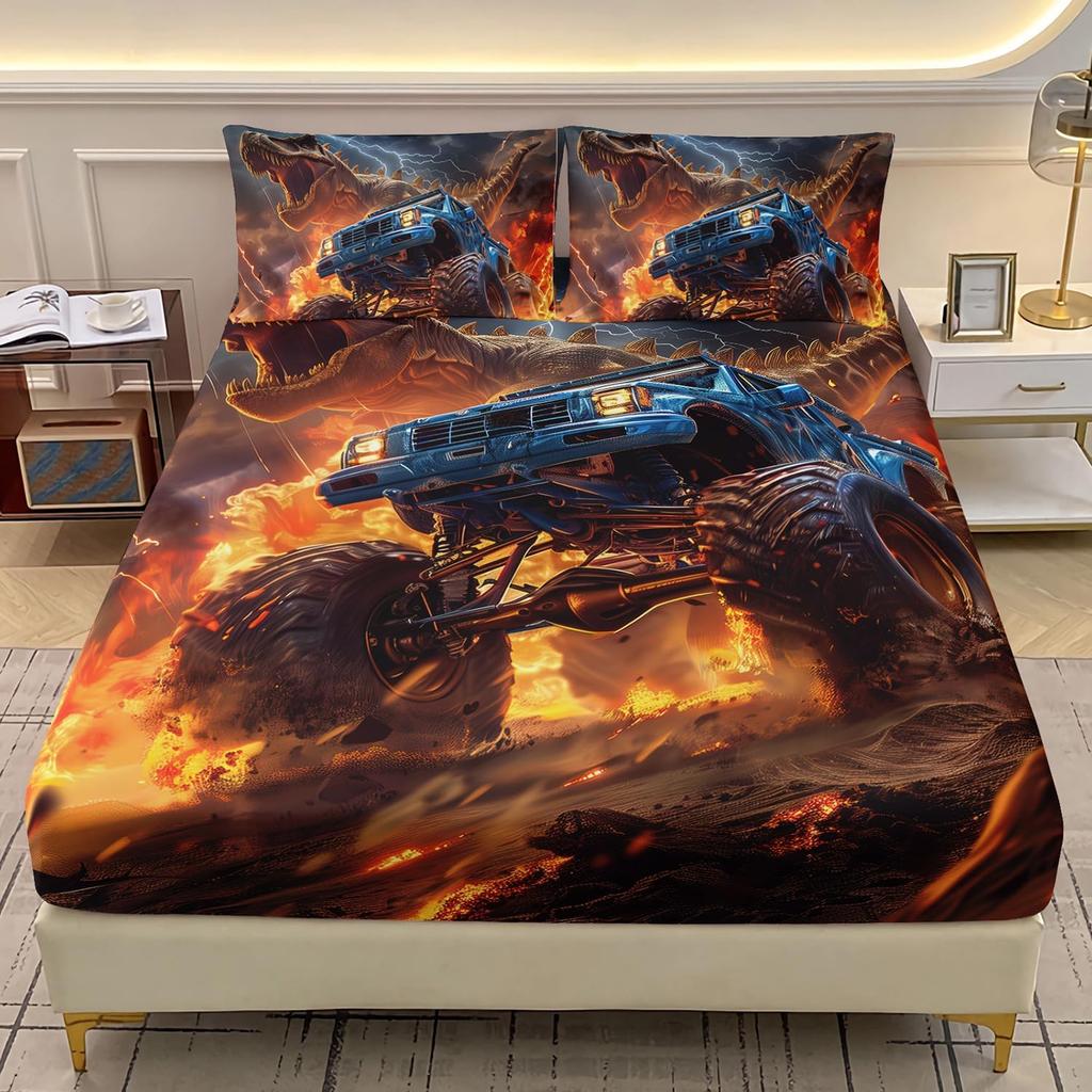 Kids Monster Truck Fitted Sheet Set, 3D Space Galaxy Dinosaur Bed Sheet Set Full Size, Boys Fitted Sheet Set and Pillowcases