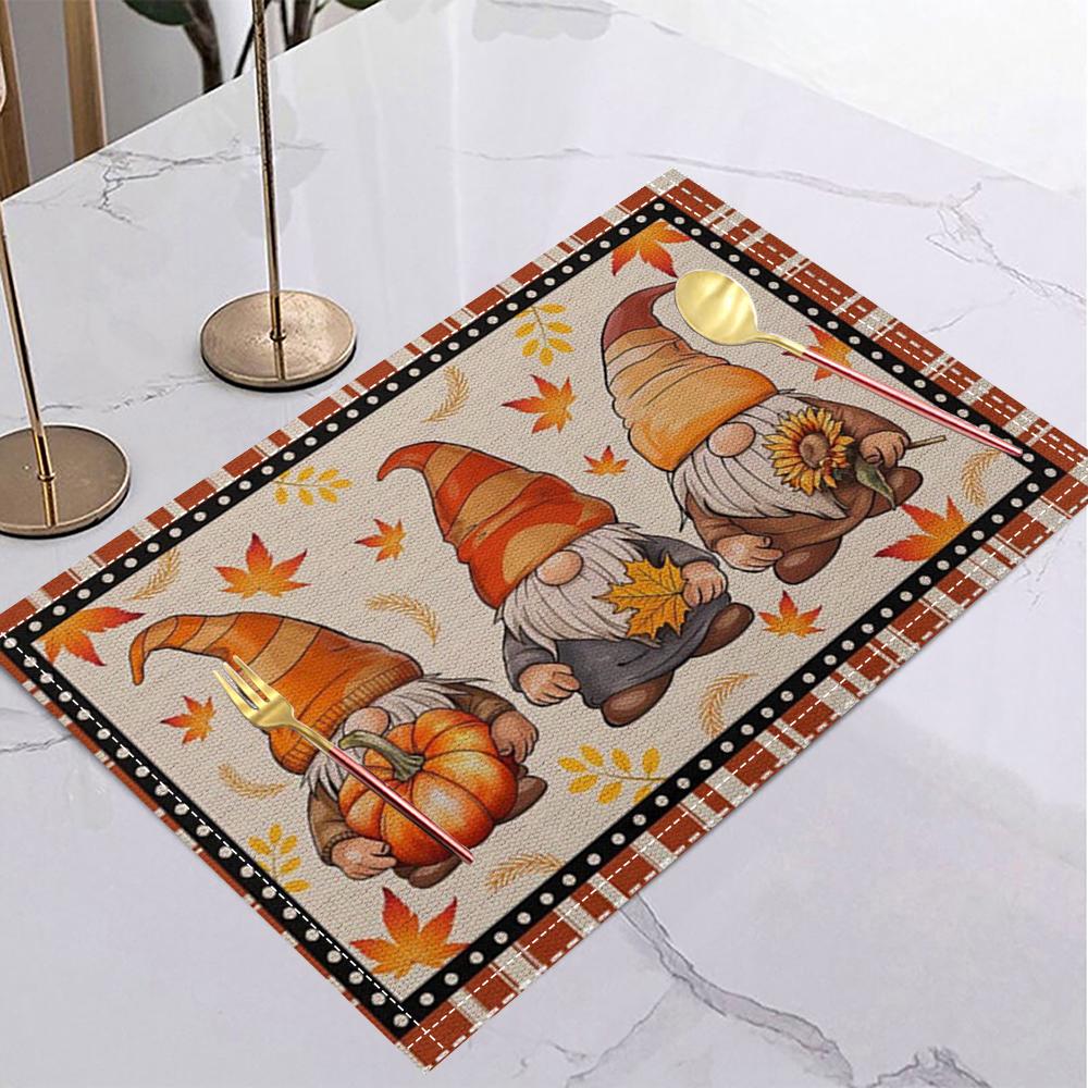 Fall Harvest Table Mat Plaid Pumpkin Gnome Maple Leaf Placemat for Thanksgiving Dinner Fall Party Holiday Table Home Decor