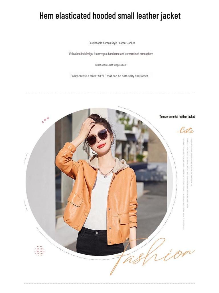 Modna damska kurtka ze skóry PU - z kapturem, ocieplana polarem, dopasowana, krótki styl Petite na wiosnę i jesień 2025
