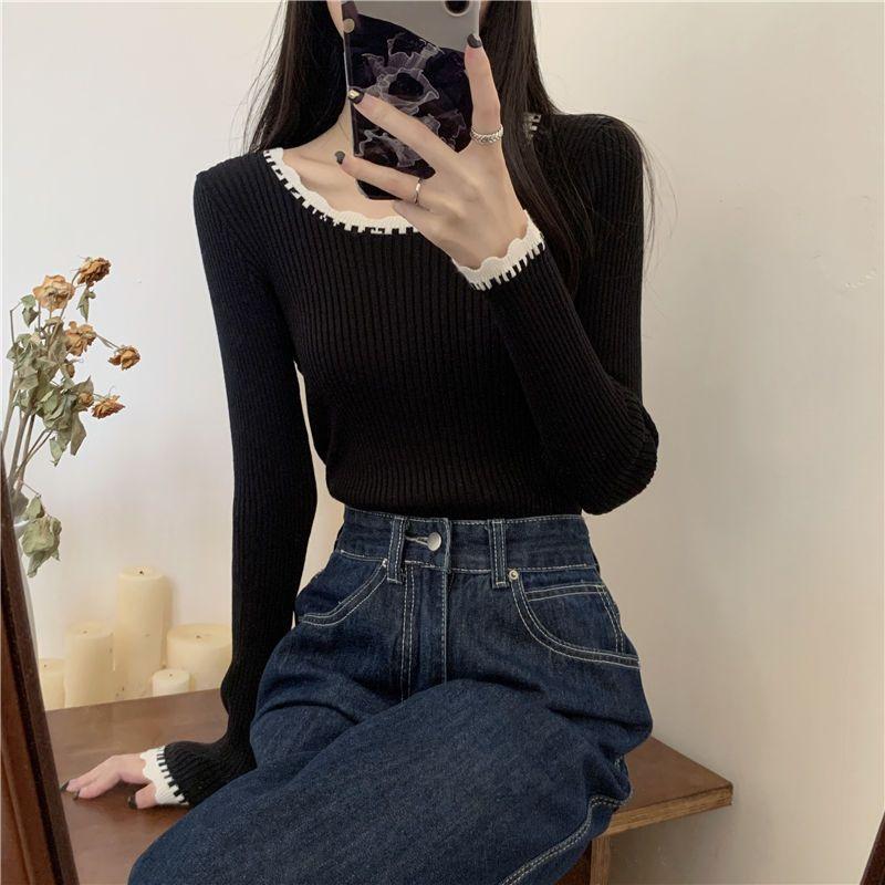 

Black Niche Unique Ruffled Long Sleeve Knitwear Slim Fit Base Layer Top Autumn Women s Inner Sweater One size чорний