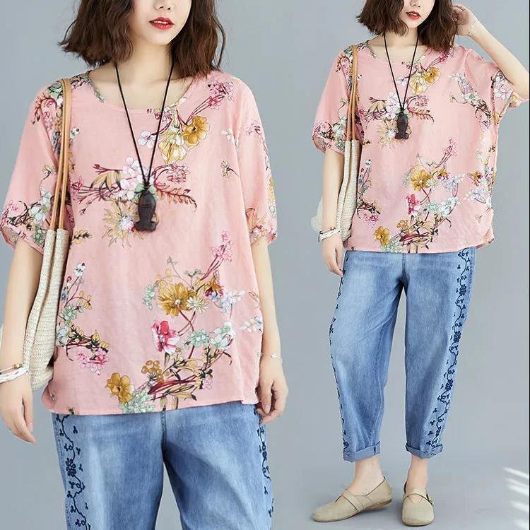 Vintage Printed O-Neck Half Sleeve Shirt Oversized Loose Commute Women's Clothing Summer Fashion Casual Blouse
