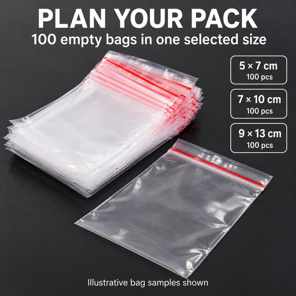 100 Clear Mini Resealable Zip Bags, 5x7 7x10 or 9x13cm