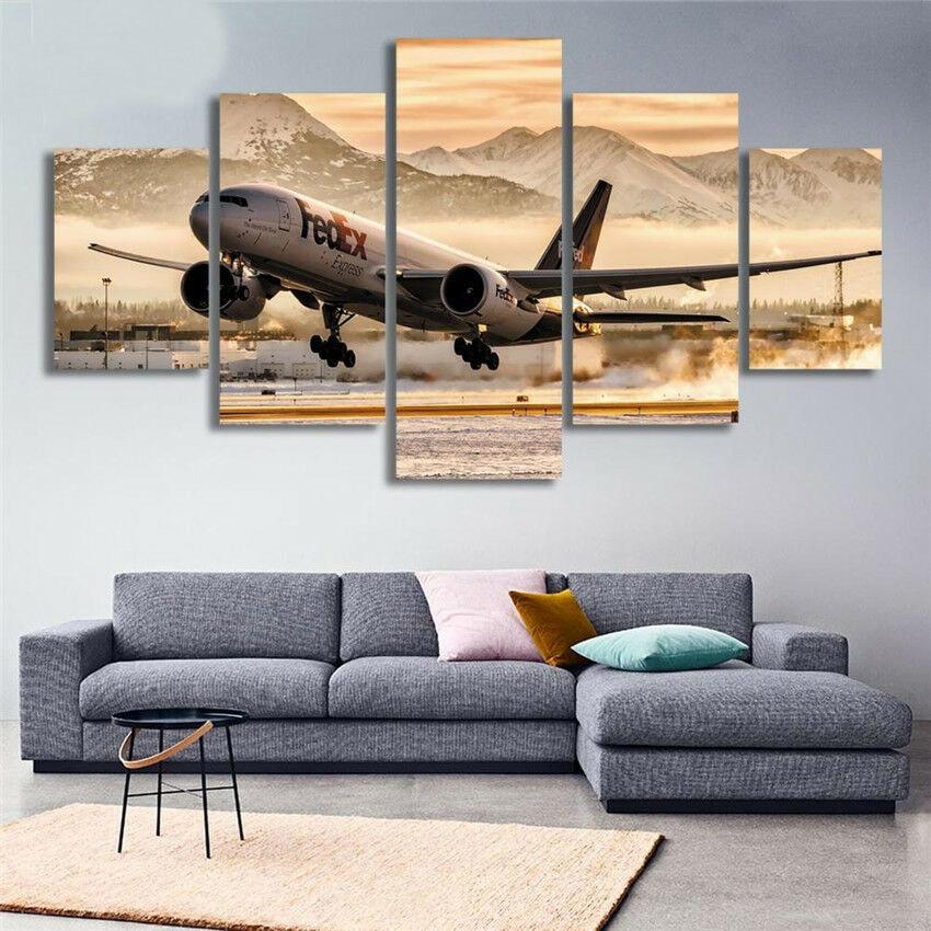 5 Panel Landscape Sunset Lights Airplane Lawn Canvas Painting Modular Posters and Prints Wall Art Pictures Home Decor No Frame