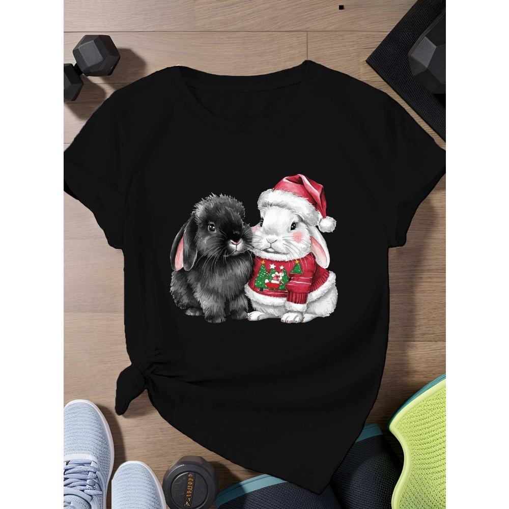 Women s Christmas Rabbit Bunny Graphic Print T-Shirt Short Sleeve Round Neck Casual Comfort Festive Summer Women Clothing S