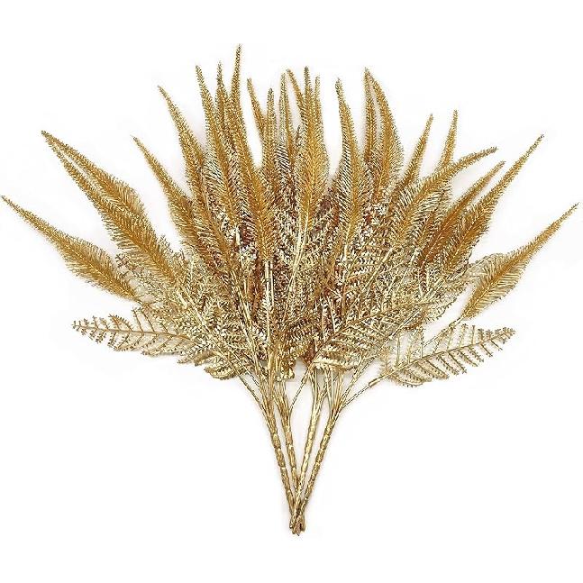 PASYOU Fake Leaves Plants for Christmas Decor, Gold Artificial Shrubs Grass Foliage Plastic Bulk Leaf Indoor Outdoor Home Garden Party Hotel Verandah