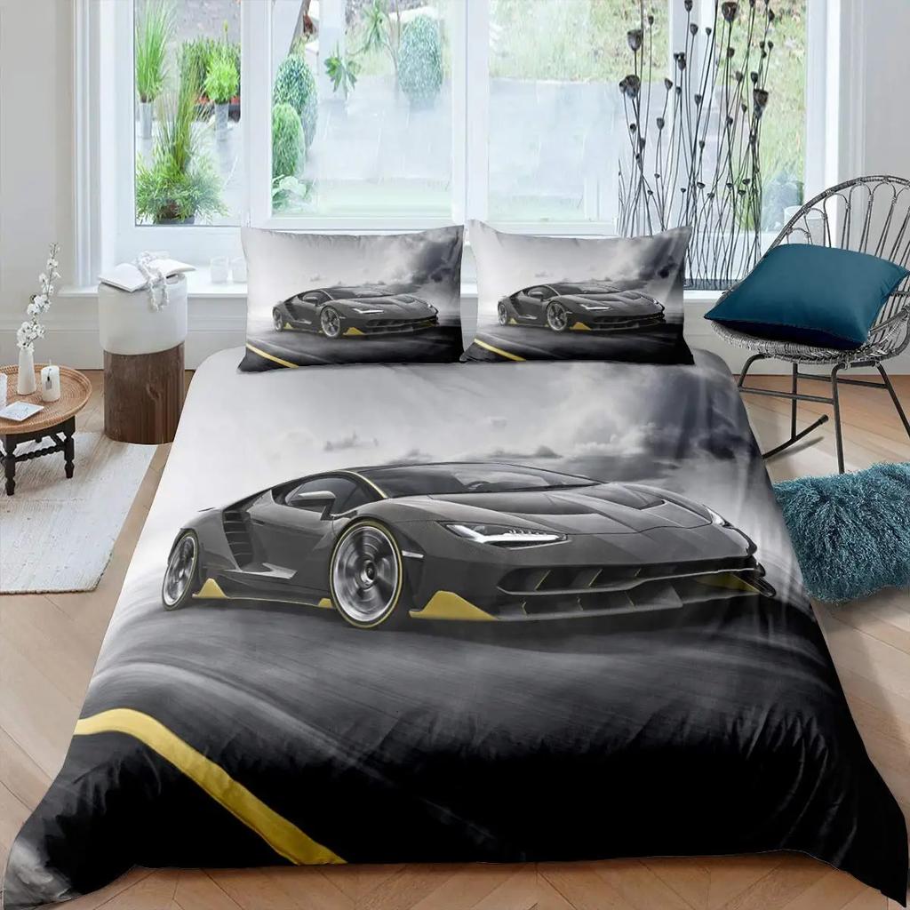 3D Rennsport Daunendecken-Set Groß Jungen Schlafzimmer Steppdecken-Set Dreiteiliges Set
