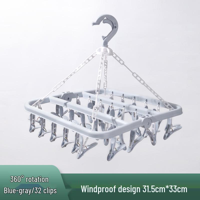 Windproof Plastic 32-Clip Multifunctional Drying Rack for Clothes and Socks, Portable for Adults and Children.