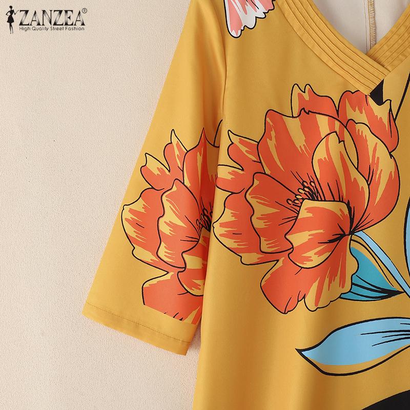 ZANZEA Women Casual V-Neck Loose 3/4 Sleeve Floral Print Dress
