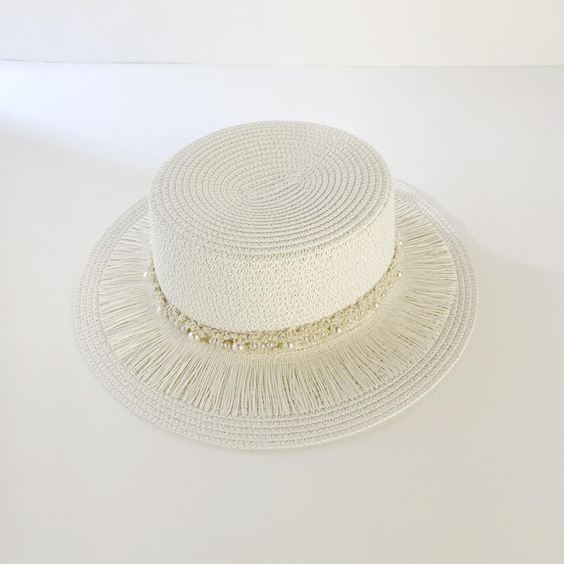 

Стиль Универсальная Шляпа Соломенная Плетеная Винтажная Кисточка Жемчуг Женские Шляпы Кепки Солнцезащитная белый