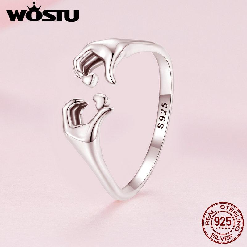 WOSTU Real 925 Sterling Silver Romantic Hand Heart Rings For Women Palm Love Couple Wedding Rings Valentine's Day Jewelry Gift