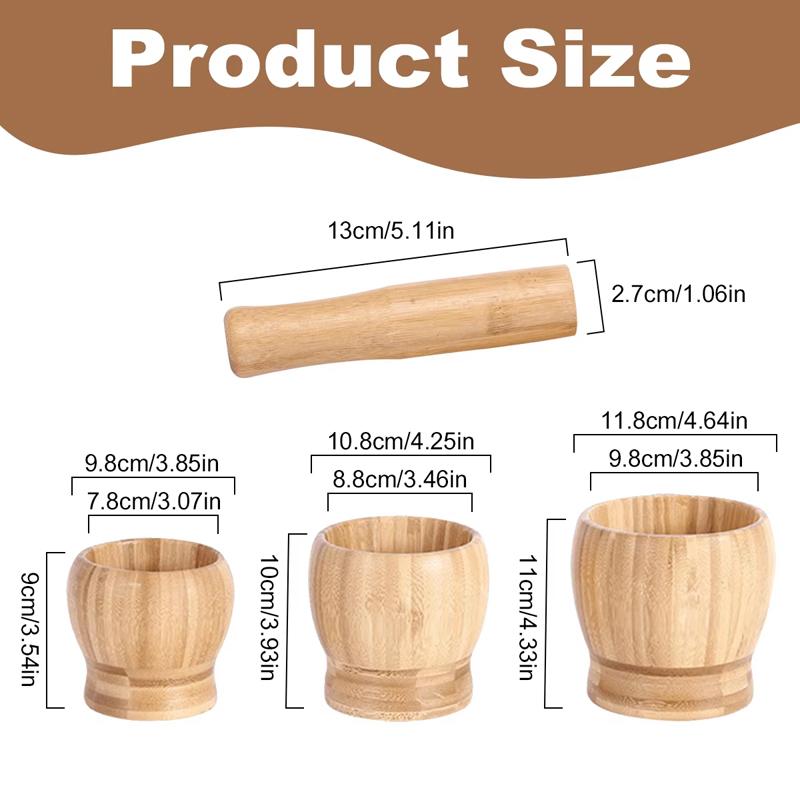 Bamboo Mortar and Pestle Set, Garlic Grinder, Herb Spice Masher, Seasoning Crusher, Kitchen Tool for Mash Spices Pepper