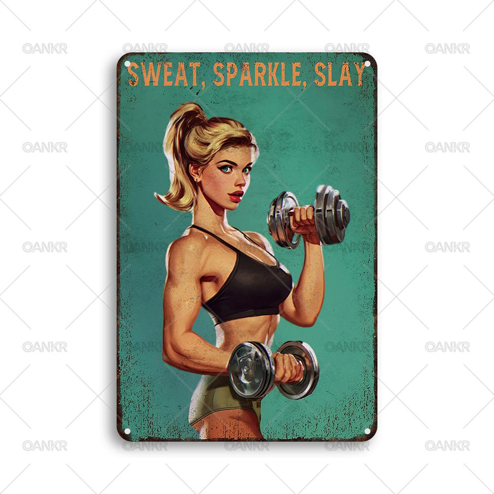 

Vintage Fitness Metal Tin Sign Chic Sweat Sparkle Slay Girl Dumbbell Metal Signs for Man Cave Gym Home Wall Decor Plaque 20x30cm（7.8x11.8inch）