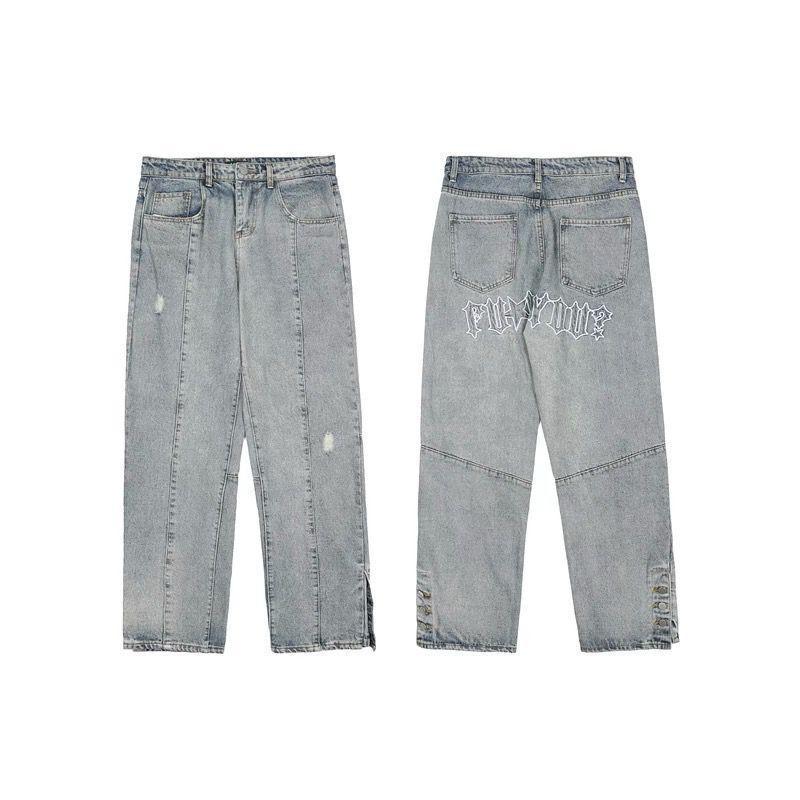 Mens Loose Fit Blue Denim Jeans Embroidery Button Fly Hip Hop Streetwear Casual Pants