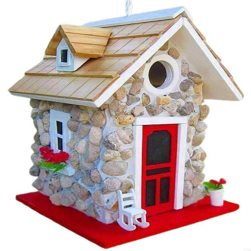 62KD Mini Cottage Hanging Bird House for Outside with Rope Similation Wooden Decorative Bird Feeder House for Hummingbirds