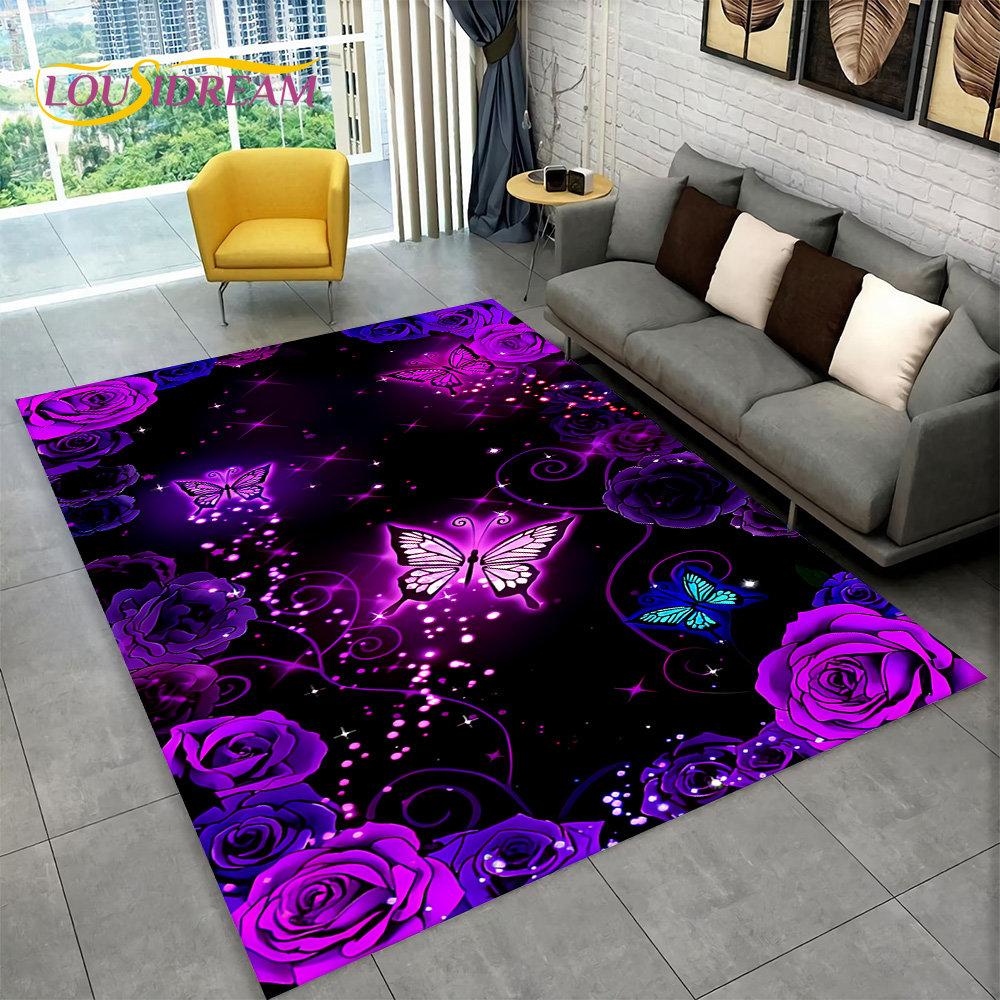 Dream Butterfly Flower Area Rug Large,Carpet Rug for Home Living Room Bedroom Sofa Doormat Decor,Kid Play Non-slip Floor Mats