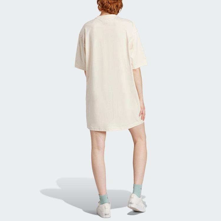 Adidas Originals Trefoil Tee Dress Cartoon Logo Print Sports Comfortable Casual Round Neck Short Sleeve Dress Women Dresses Wonder-White IN4138
