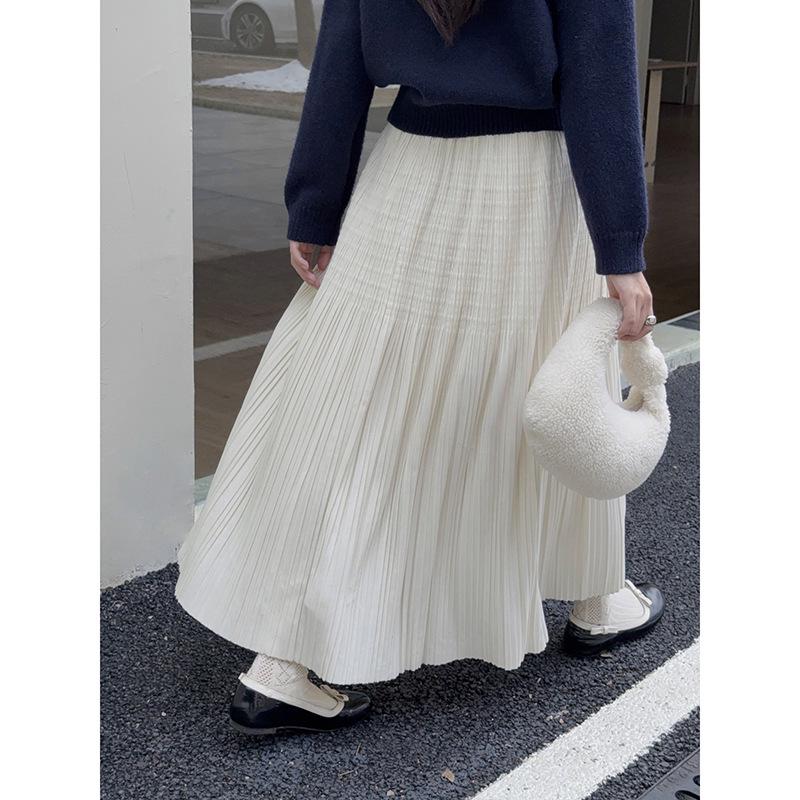 

Ge Ming Retro Velvet Pleated High Waist A-line Midi Skirt for Women - Winter Solid Color M (Waist 110-125) абрикосовый