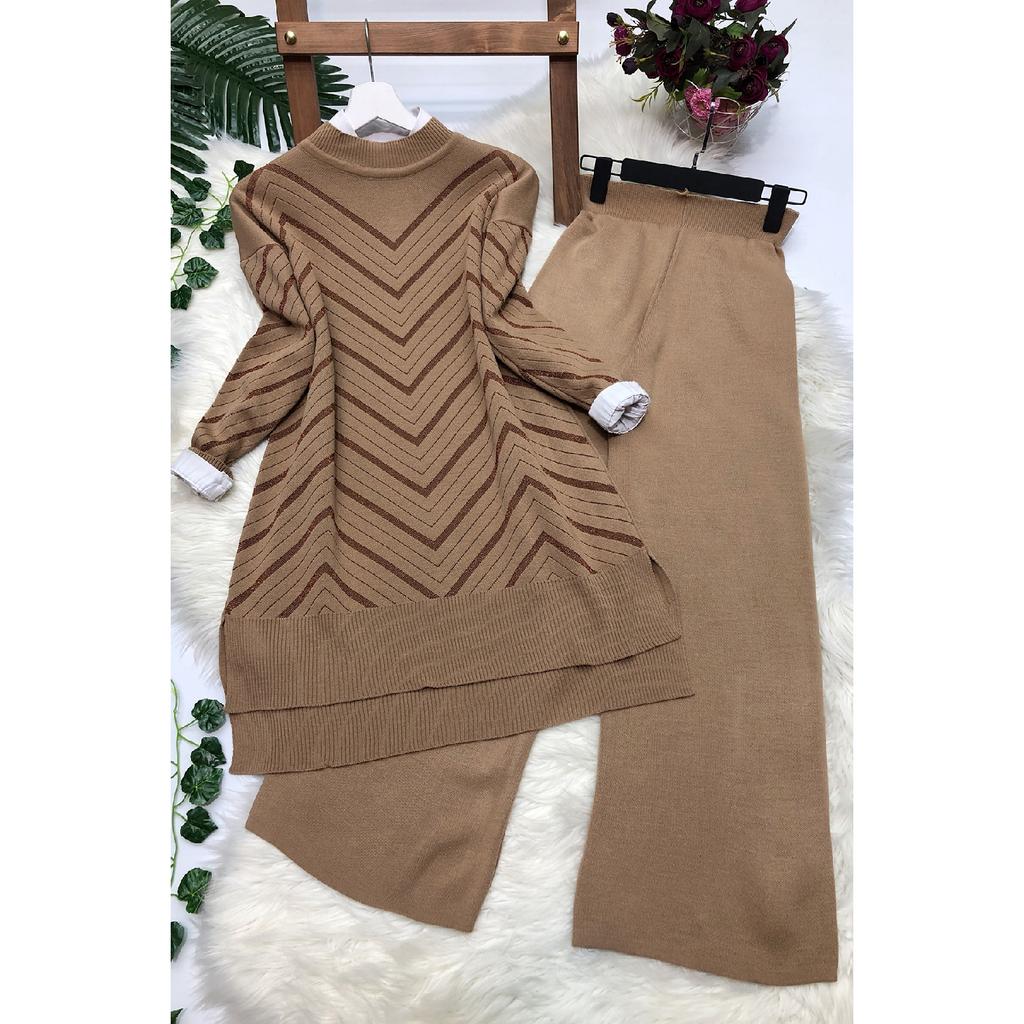 Glitter Knitwear Tunic Trousers Set - Stone