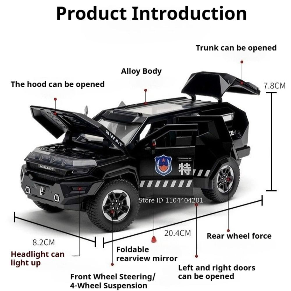 1:24 Rezvani Vengeance Explosion Proof Car Alloy Diecast Model Toys Front Wheel Steering Sound Light Pull Back Vehice Collection