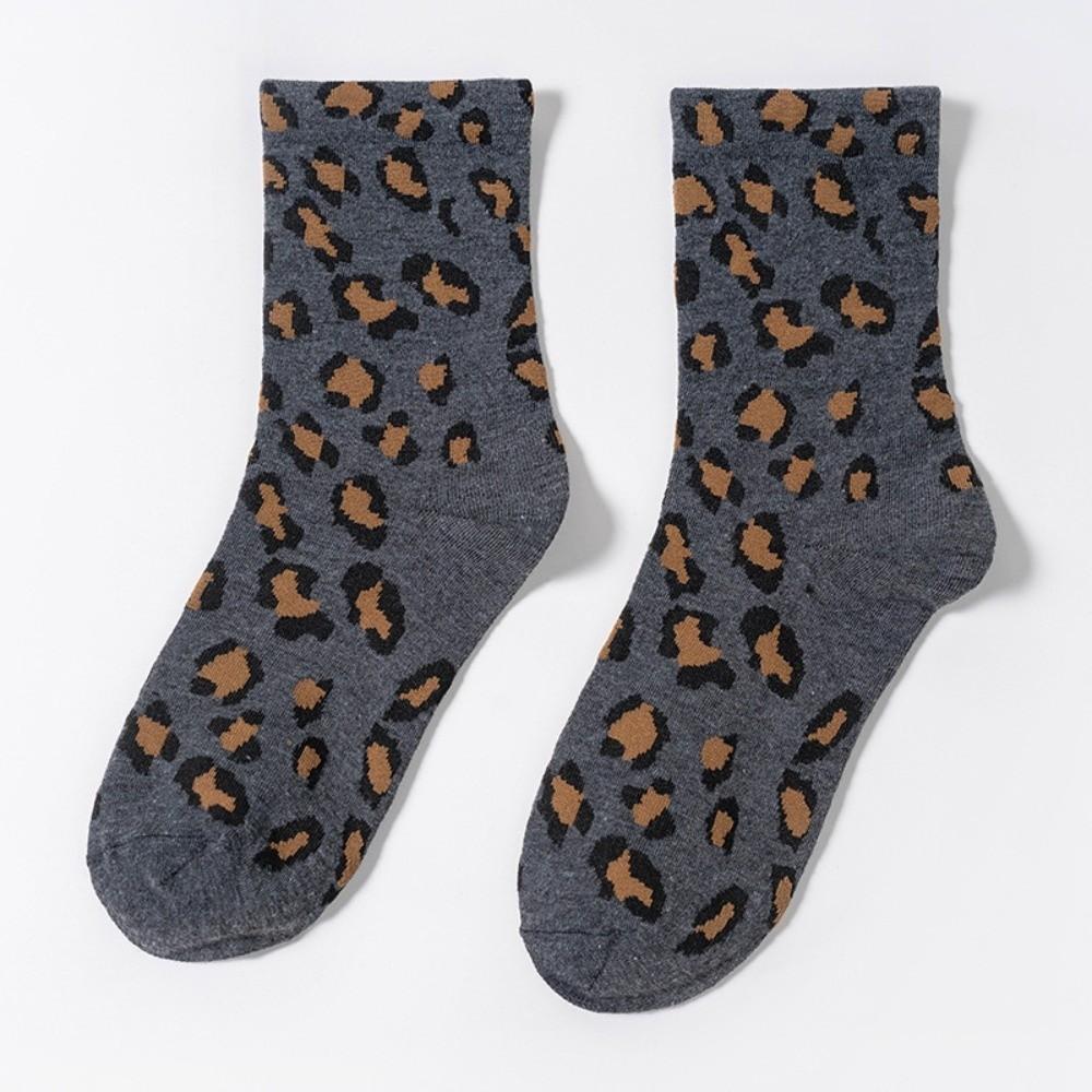 5 Pairs Korean Style Famale Tube Socks Soft Mid-Calf Socks Hosiery Leopard Print Socks  Streetwear