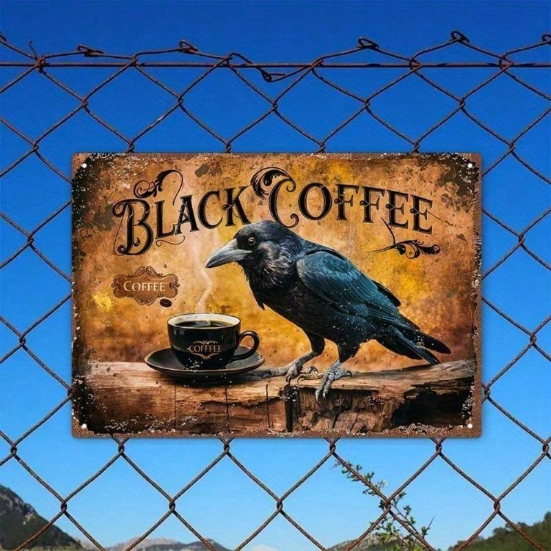 Vintage Metal Wall Art Decor Sign - Black Crow & Coffee 12x8 Inch Aluminum Plaque with Ornate Frame, Kitchen Bar Home Gothic Han