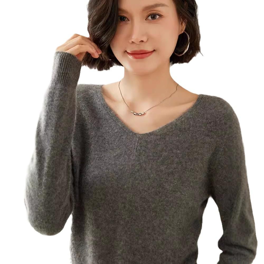 Women's V-Neck Cashmere Sweater - Slim Fit, Hollow Knit Pullover for Autumn/Winter