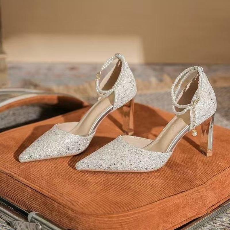 

Модная женская праздничная обувь на каблуке, летняя новинка, остроносая, с мелким вырезом, с пайетками и бисером, противоскользящая и износостойкая, на высоком каблуке 34
