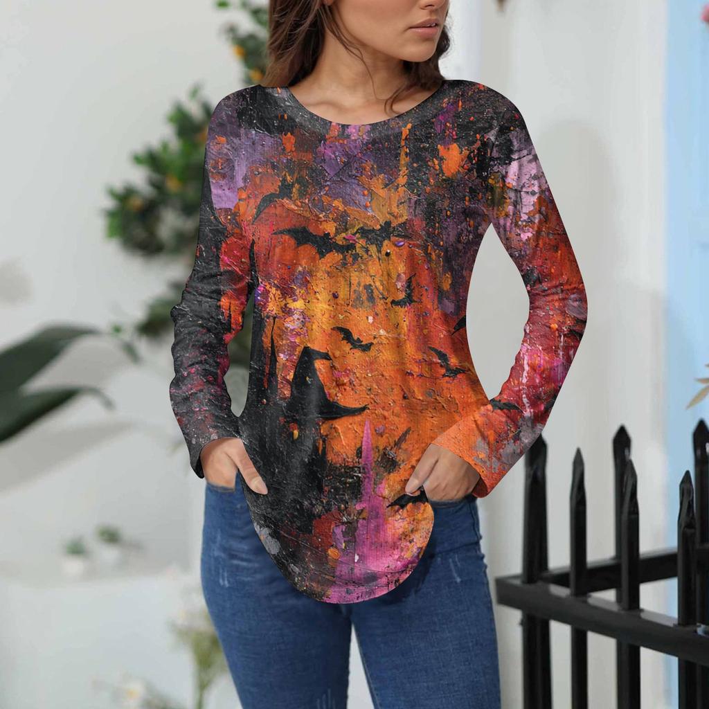 Women's Loose Fit Long Sleeve T-Shirt with Retro Halloween Print, Neck Pullover Top