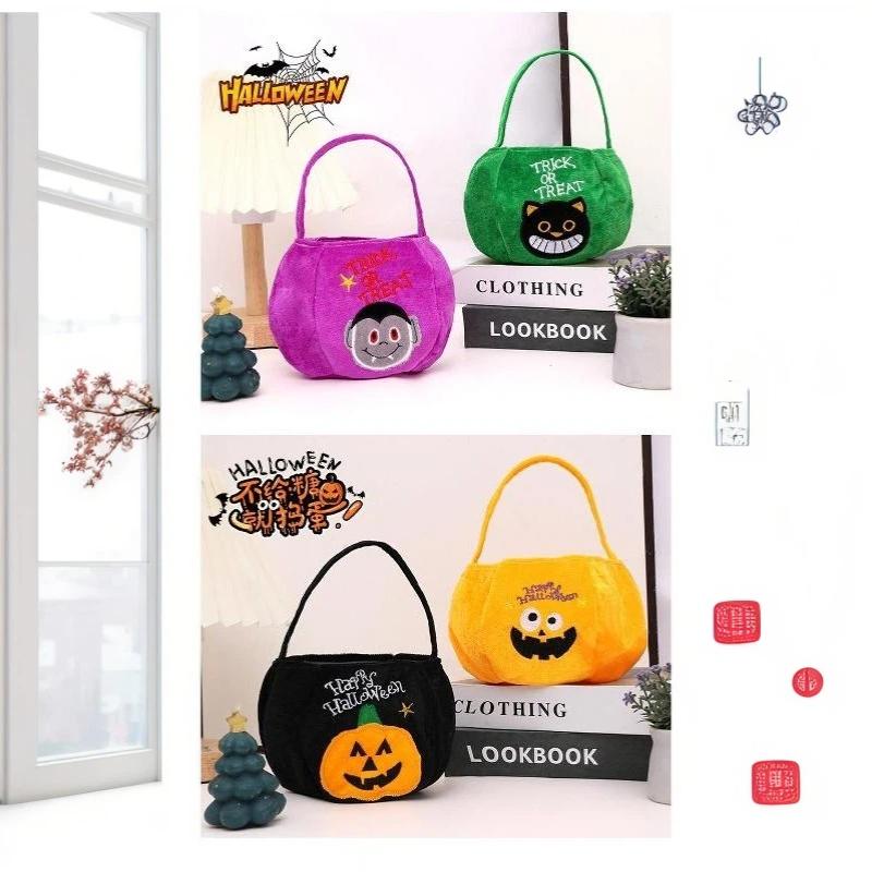 Halloween Plush Candy Hand Bag Pumpkin Vampire Cat Pattern Handheld Gift Baskets Halloween Party Candy Tote Bag Favors