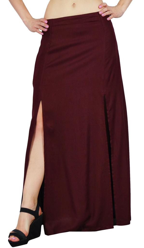 Bimba Women Long Rayon Maxi Skirt With Front Slits - Maroon