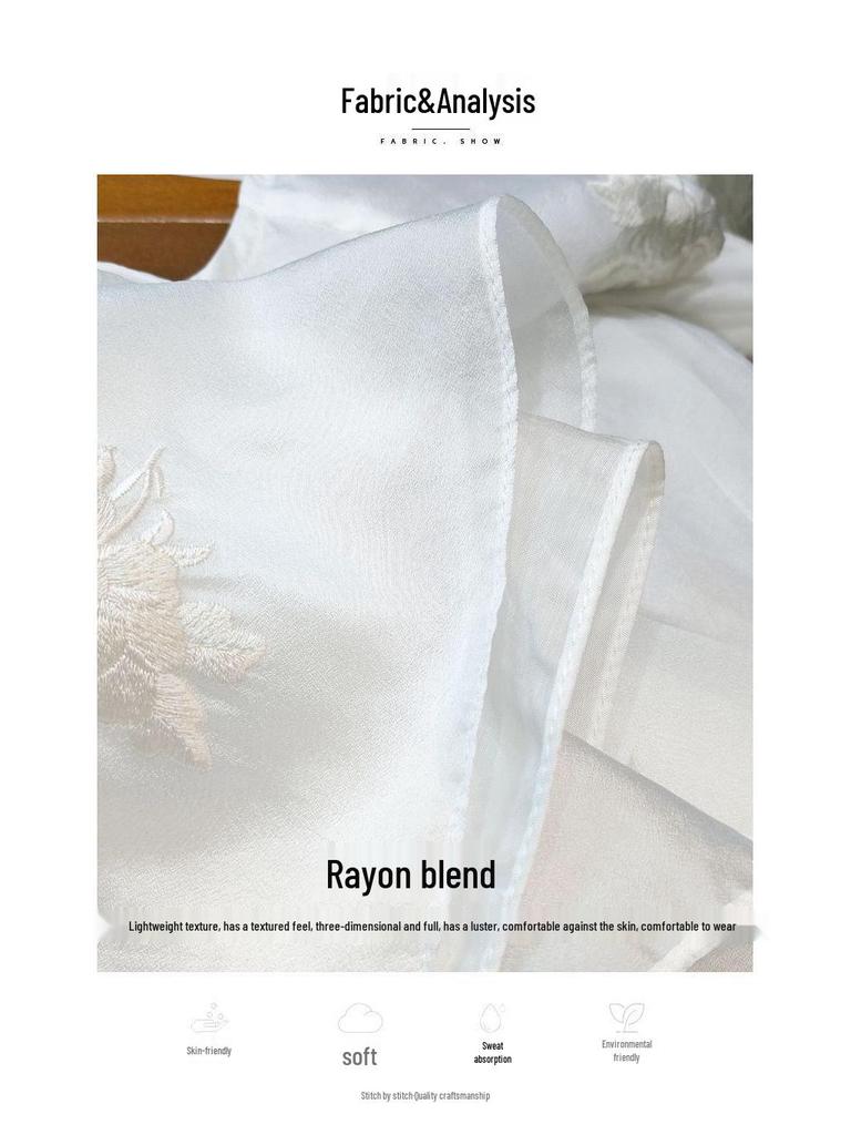 Women's White Embroidered Chinese-Style Round Neck Shirt - 2022 Autumn Casual Fashion Top