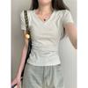 Front Shoulder Short-sleeved T-shirt Women's New Summer Basic Slim-fitting and Thin American Flower Gray V-neck Top