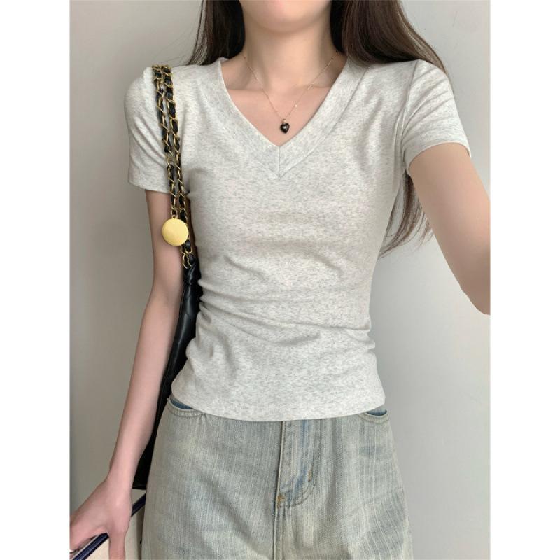 Front Shoulder Short-sleeved T-shirt Women's New Summer Basic Slim-fitting and Thin American Flower Gray V-neck Top