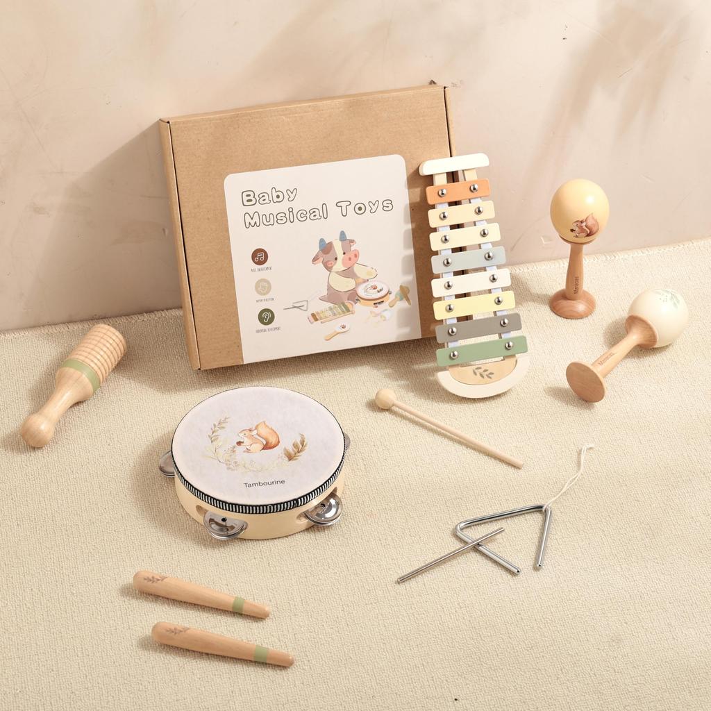 Promise Babe Jucării Instrumente Muzicale Set 8 Piese Instrumente de Percuție din Lemn pentru Educație Instrumente de Percuție pentru 3 Ani 4 Ani 5 Ani