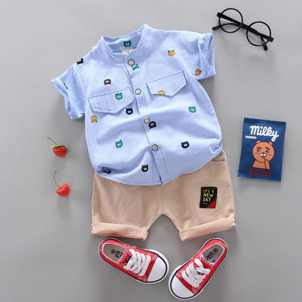 Summer Printed Pyramid Shirt Short Sleeved Shorts Set for Male and Female Infants and Young Children