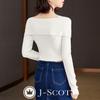 Boat Neck Knit Top with Ribbon Slim J-Scott Motif, Lightweight, Soft, Fit, 1/4 Sleeves, White, JS112-WH-L