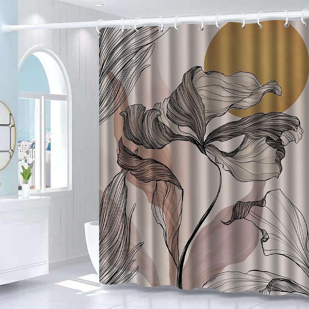 Eleganter Blatt-Duschvorhang - Anti-Beschlag mit künstlerischem Blumendesign, Strapazierfähiges Polyester, Perfekt für moderne Badezimmer