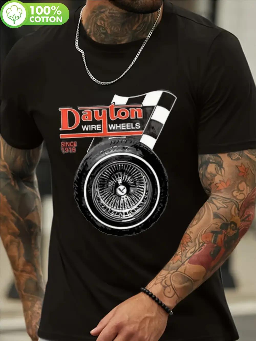 

Plus Size Dayton Printed Cotton T-shirt - Casual Round Neck Tee with Vintage Car Wheel & Checkered Flag Graphic XXL