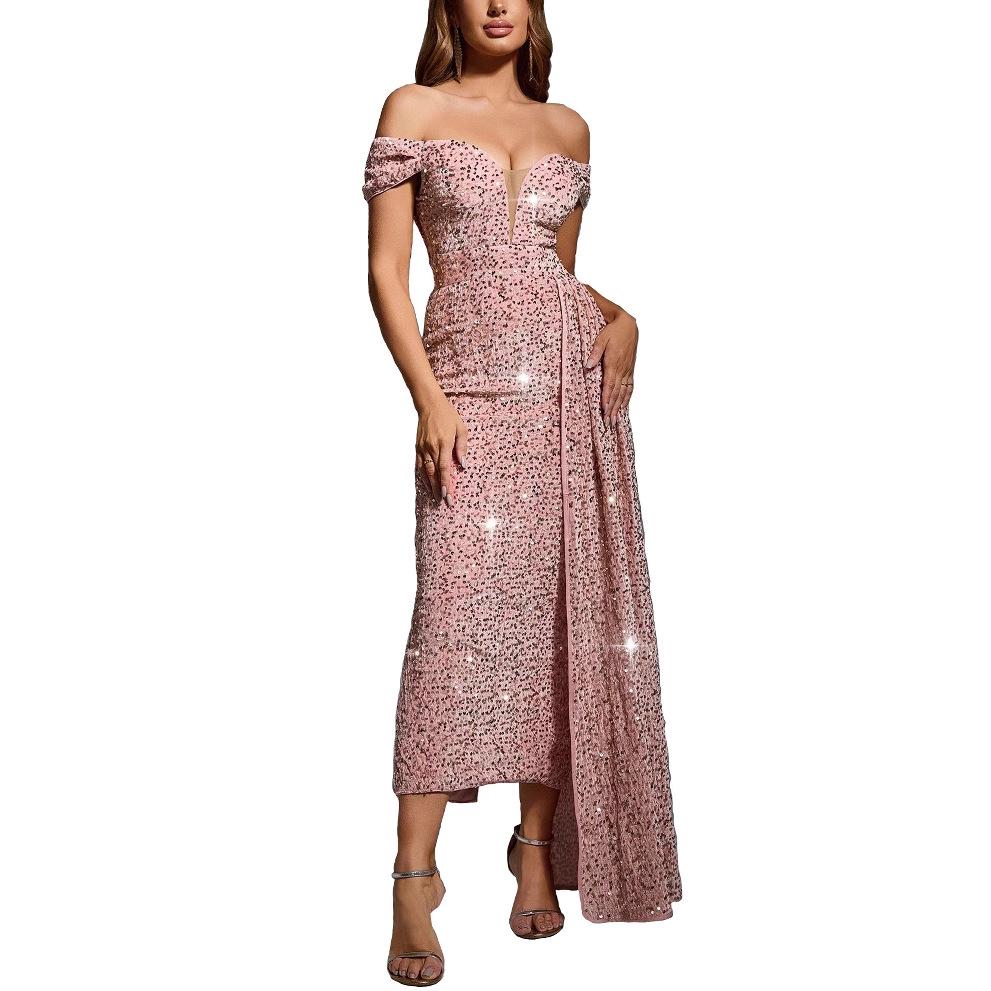 OS7036 Women's Off-the-Shoulder Sequin Sleeveless Dress: European and American Style