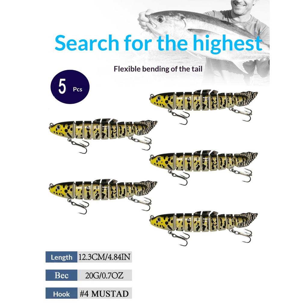 Eight-section bionic pike lure with realistic swimming action. Sharp hooks for solid hooksets, ideal for catching aggressive freshwater predators.
