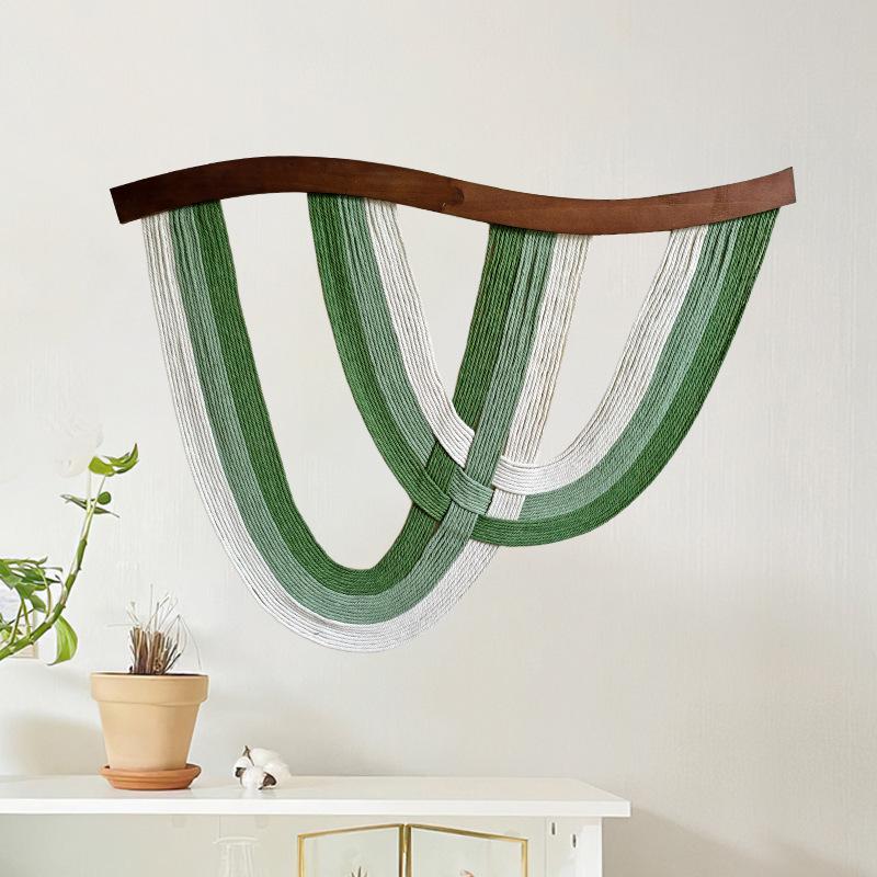 Nordic Curved Wood Tassel Tapestry: Cotton Rope Wall Hanging for Hallway, Living Room, or Bedside Decor.